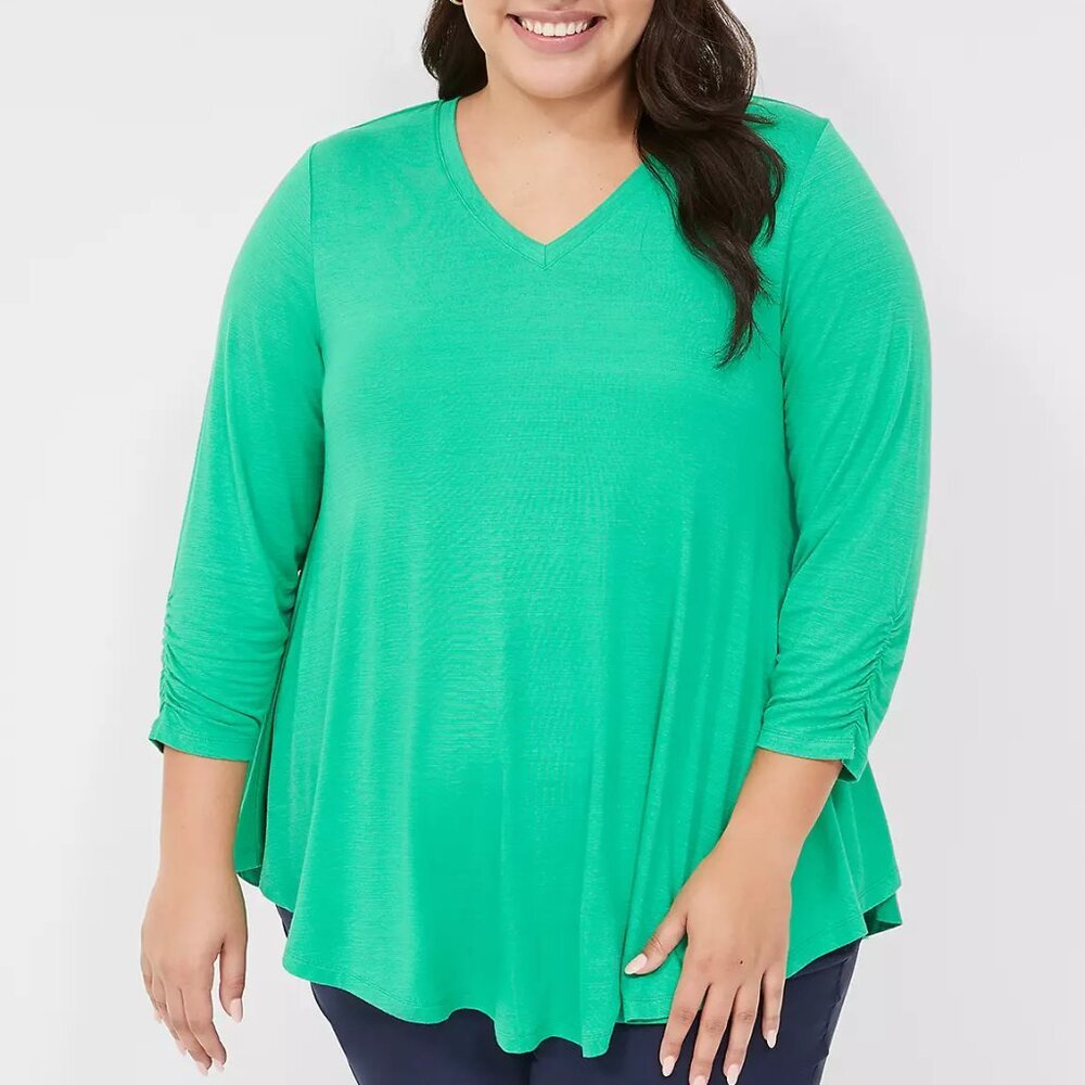 Lane Bryant Bright Green Swing 3/4 Ruched-Sleeve Top in Size 18/20